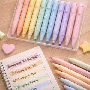 pastel highlighter pen set in aesthetic colors on desk aesthetic study notes highlighted with pastel pens cute highlighter pens set for students and journaling soft color highlighters for note making and revision pastel stationery set arranged on study table