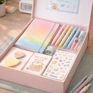 aesthetic stationery gift box set with notebook and pens cute stationery combo set for students and gifting pastel stationery items arranged in gift box stationery hamper with stickers, pens and notebook aesthetic gift box for journaling and study