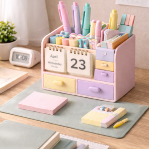Aesthetic pastel desk organizer with built-in calendar Cute desk organizer with drawers holding pens and notes Study table setup with pastel stationery organizer Compact desk storage caddy with pastel color design Desk organizer with drawers and calendar close-up