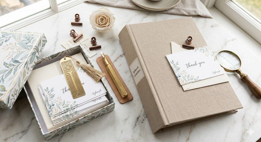 "A curated flat-lay of premium stationery featuring a linen-textured binder labeled 'kyharsh Curations,' an open botanical print gift box with thank-you cards, an art-deco brass bookmark, and a gold-bar fountain pen on a white marble surface.